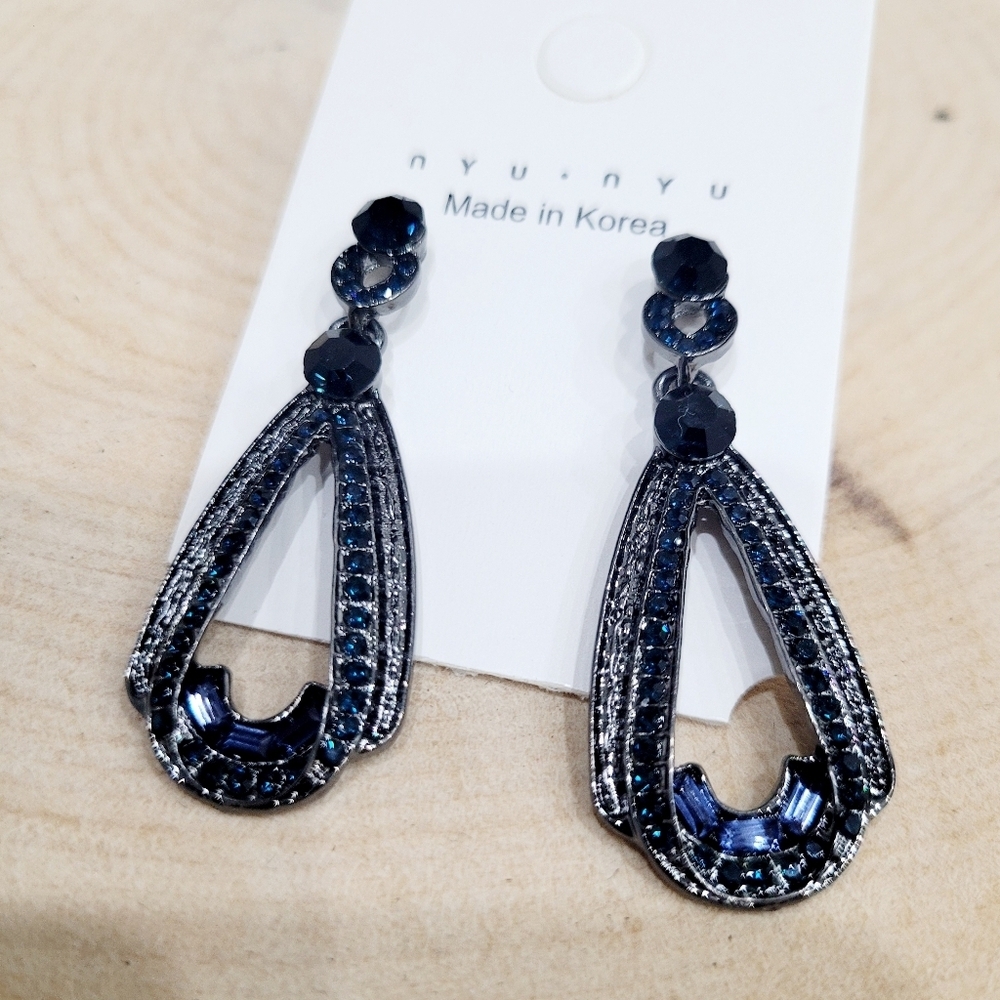Brand New Titanium Black Blue Stone Dangle Earrings